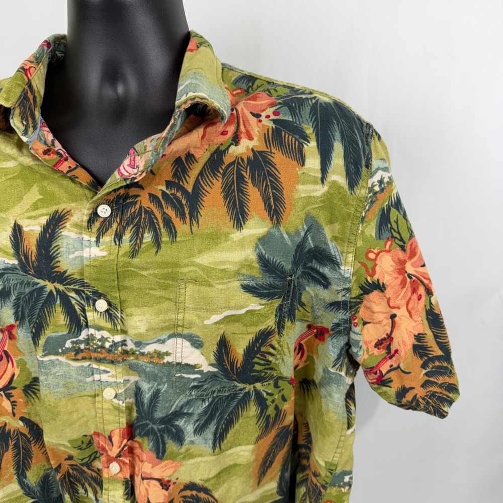 Caribbean Blues Mens XL Tropical Hawaiian Shirt Palm Tree Hibiscus Print Linen - Picture 3 of 8